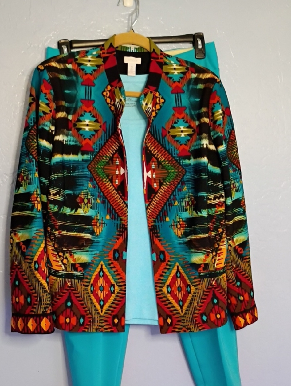 Chico's Teal Multicolor Aztec-Print Open-Front Jacket Only